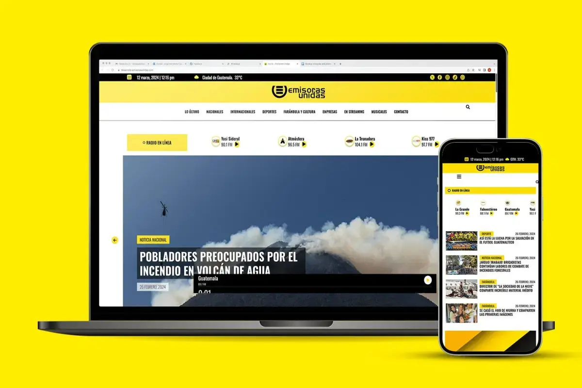 Emisoras Unidas digital platform displayed on desktop and mobile devices